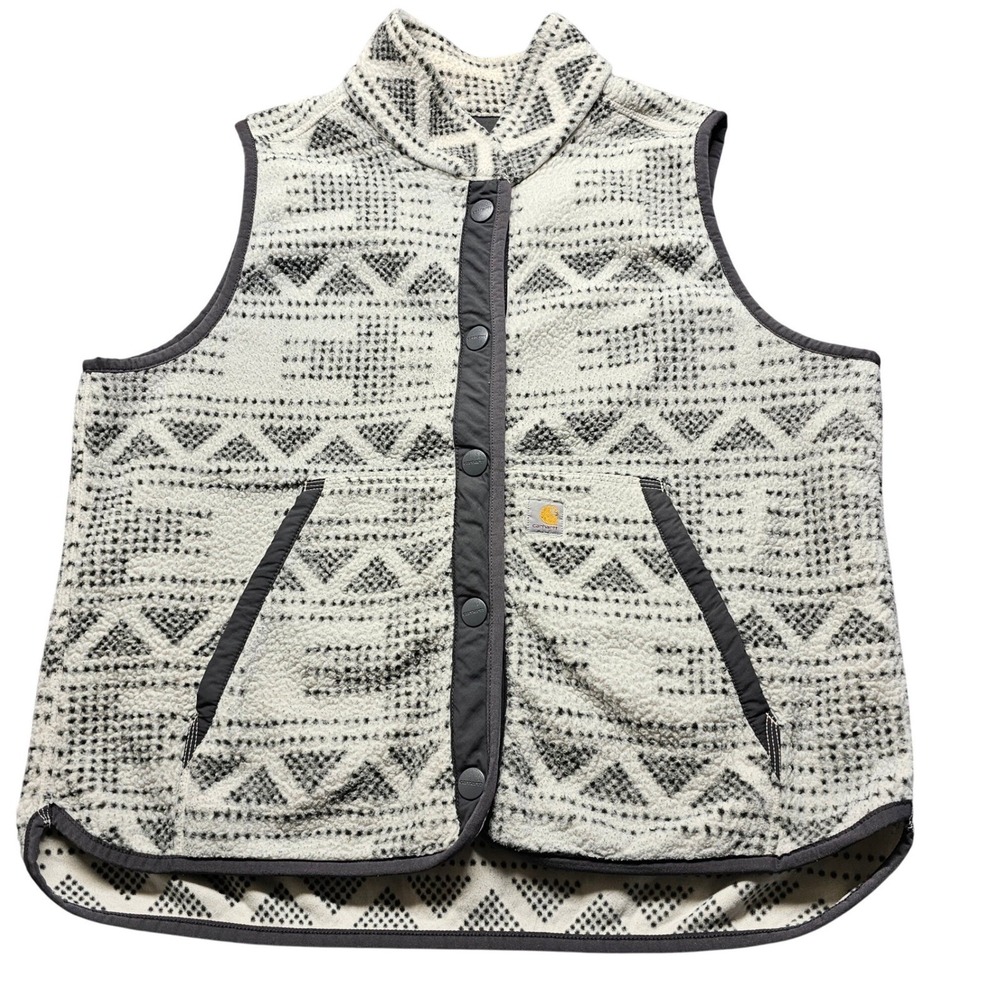 Carhartt Fleece Vest Women Size XL White Black Southwestern OV4995-W Relaxed Fit